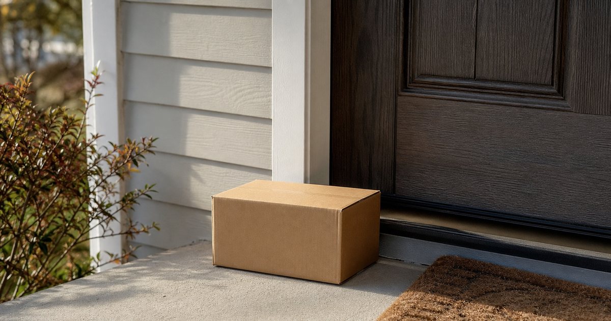 A cardboard package resting on a front porch beside a doormat, suburban house entrance, late afternoon sunlight, no people