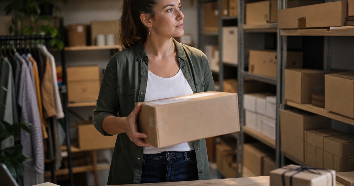 A small online shop owner in a stockroom pausing with a packed parcel in hand, looking thoughtful, shelves of boxes behind, warm overhead light