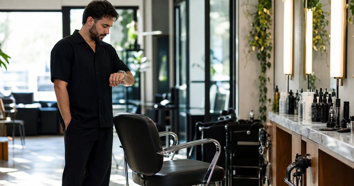 An empty salon chair in a bright hair studio with a stylist standing nearby checking a wristwatch, mirrors and morning light