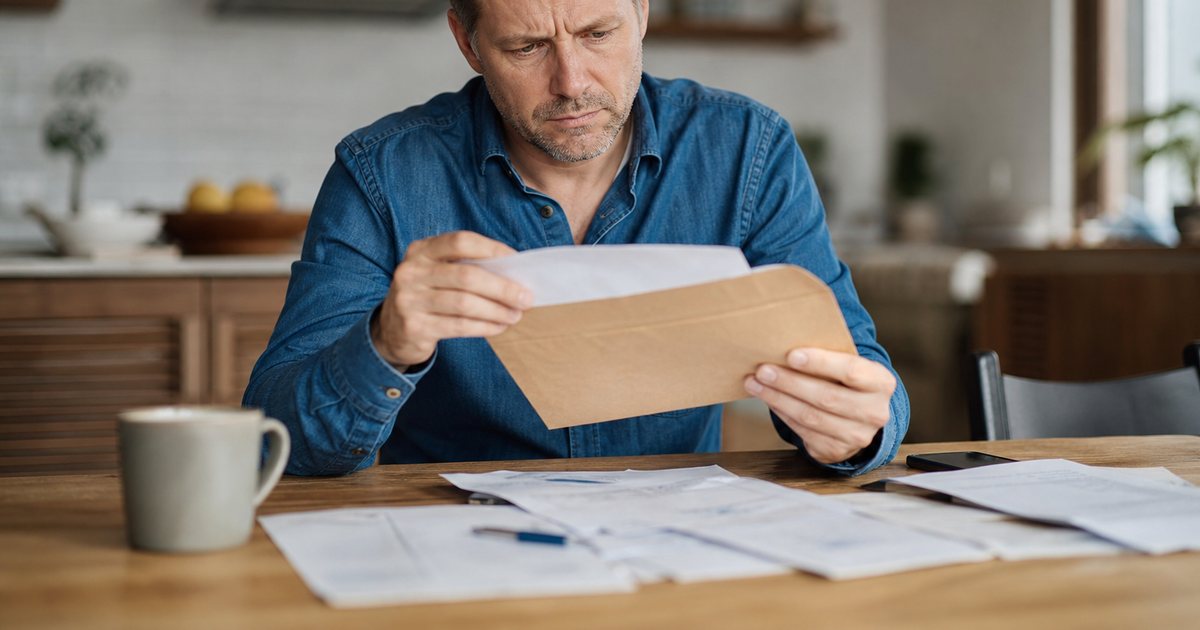 A business owner at a kitchen table opening a paper envelope with a concerned expression, papers and a pen spread out, morning light