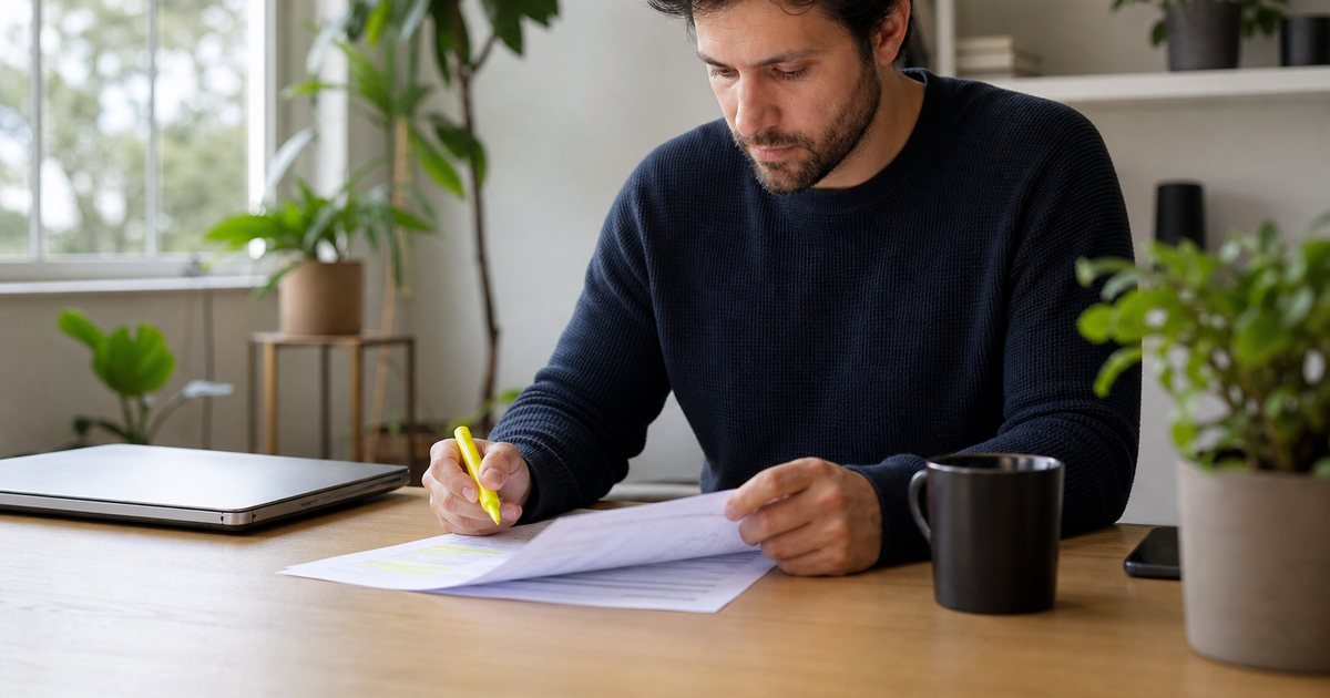 A software founder at a bright home office desk reviewing printed activity logs with a yellow highlighter, laptop closed beside a coffee mug, plants and natural window light