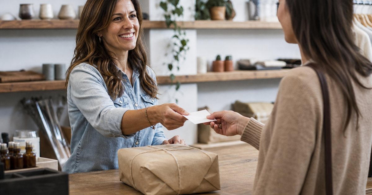 A boutique owner handing a small paper receipt to a customer across a wooden counter, wrapped parcel between them, soft daylight